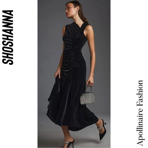 SHOSHANNA FOR ANTHROPOLOGIE RUCHED ASYMMETRICAL BLACK VELVET GOWN NWT SIZE 8 - Picture 4 of 9